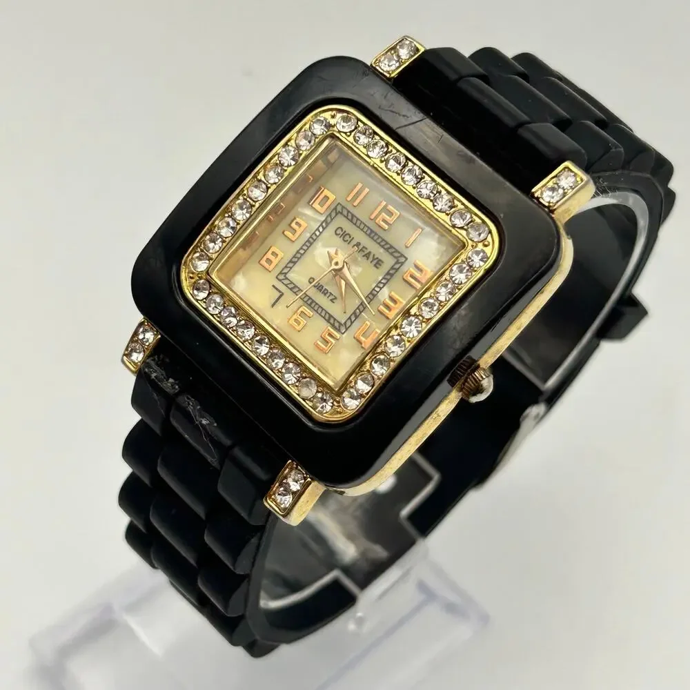 Cici & Faye Square Dial Crystal Bezel Black Silicon Band Watch New Battery